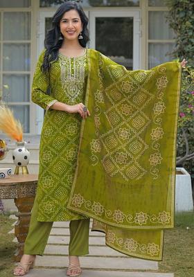 Green Printed Silk Kurta Set
