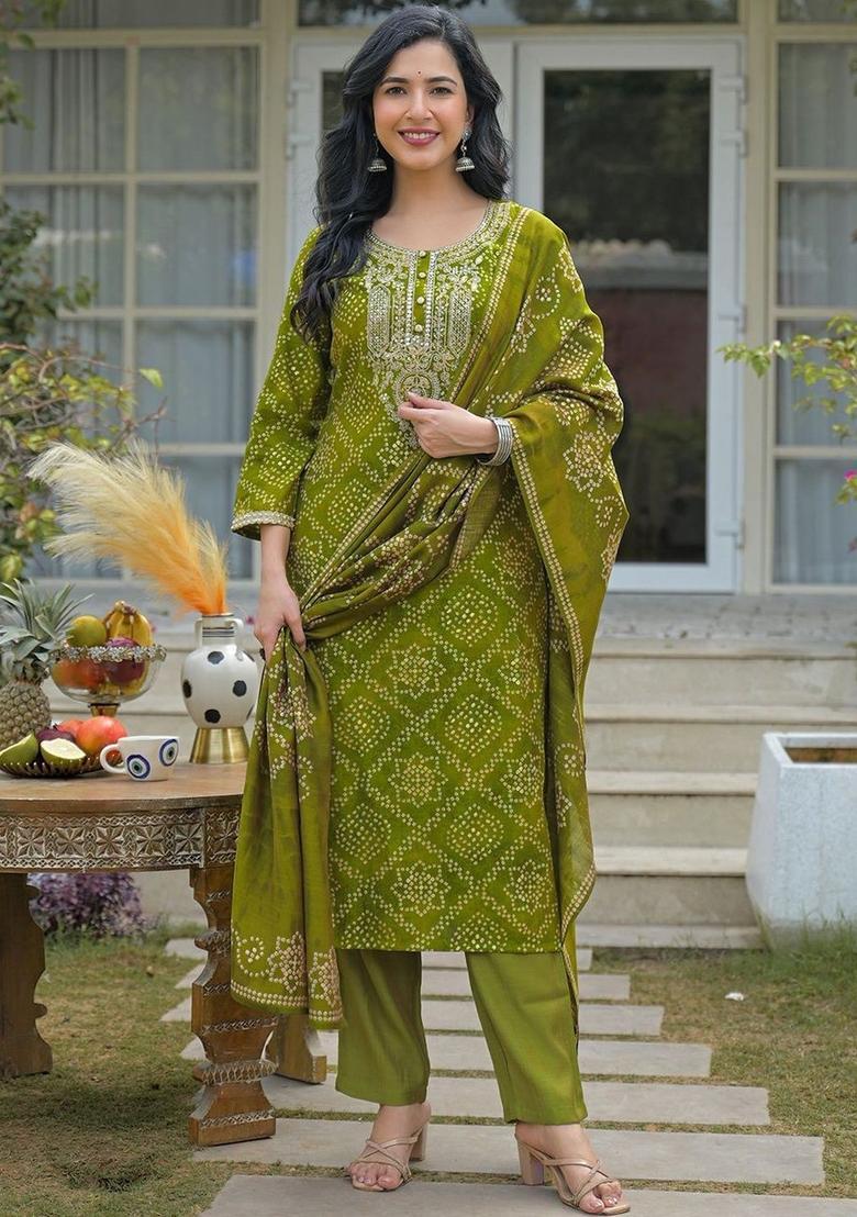 Green Printed Silk Kurta Set - Indya