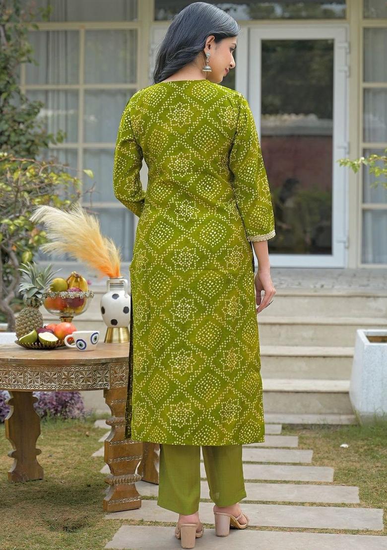 Green Printed Silk Kurta Set - Indya