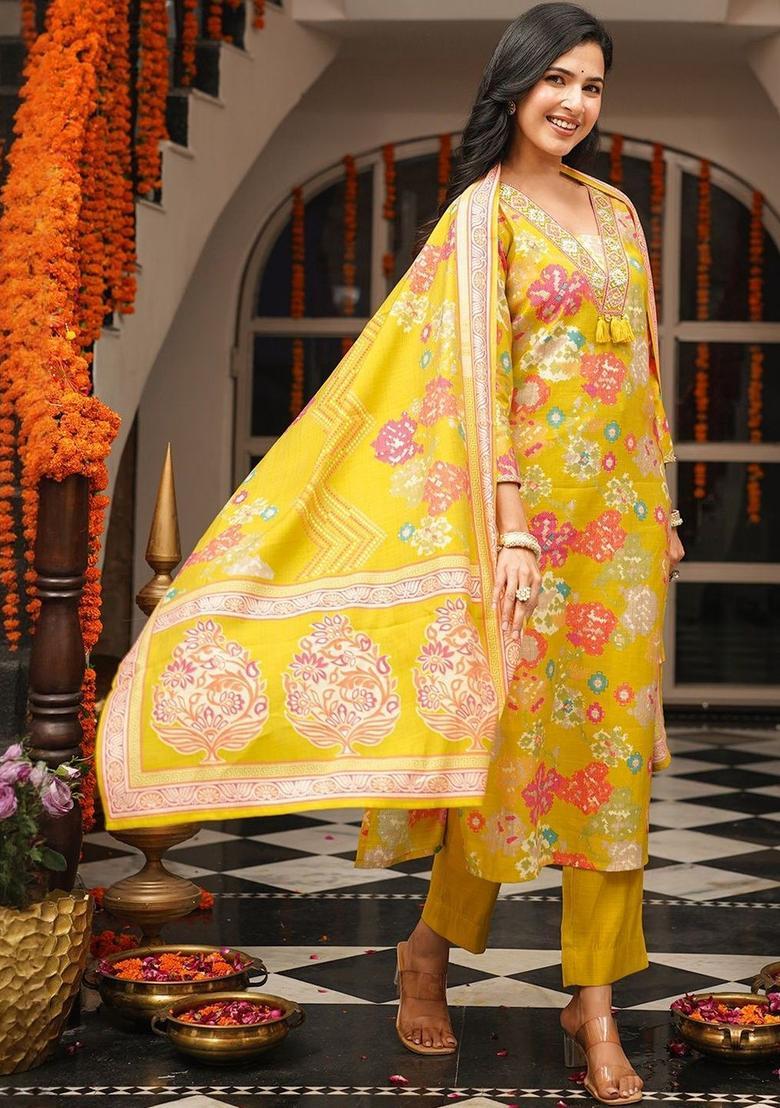 Yellow Printed Viscose Kurta Set - Indya
