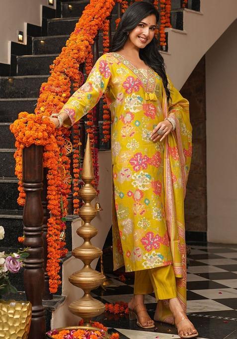Yellow Printed Viscose Kurta Set — view on Indya