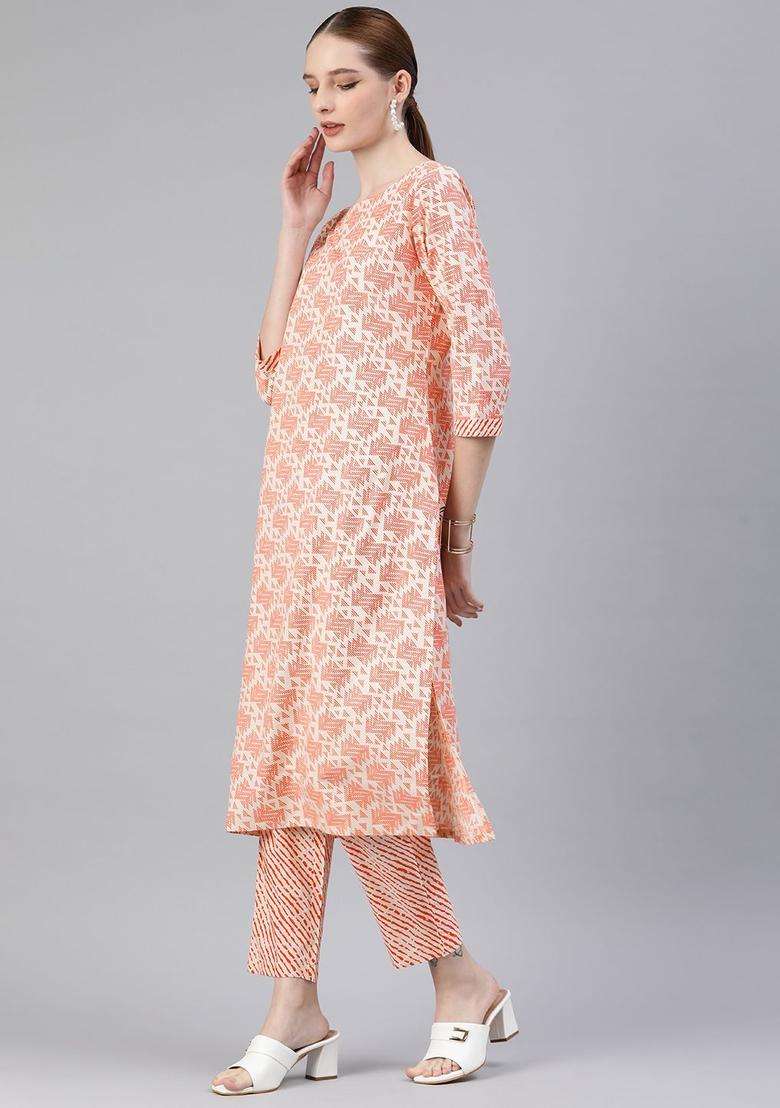 White Printed Cotton Kurta Set - Indya