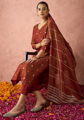 Maroon Woven Design Silk Blend Kurta Set