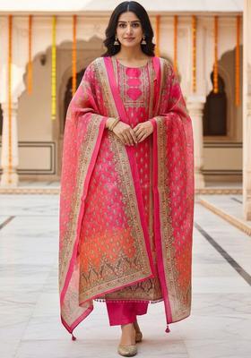 Pink Self Design Silk Blend Kurta Set