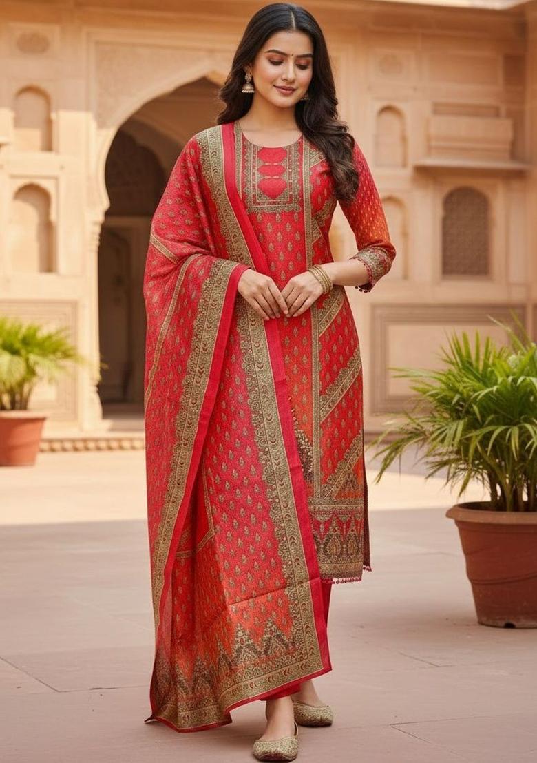 Pink Self Design Silk Kurta Set - Indya