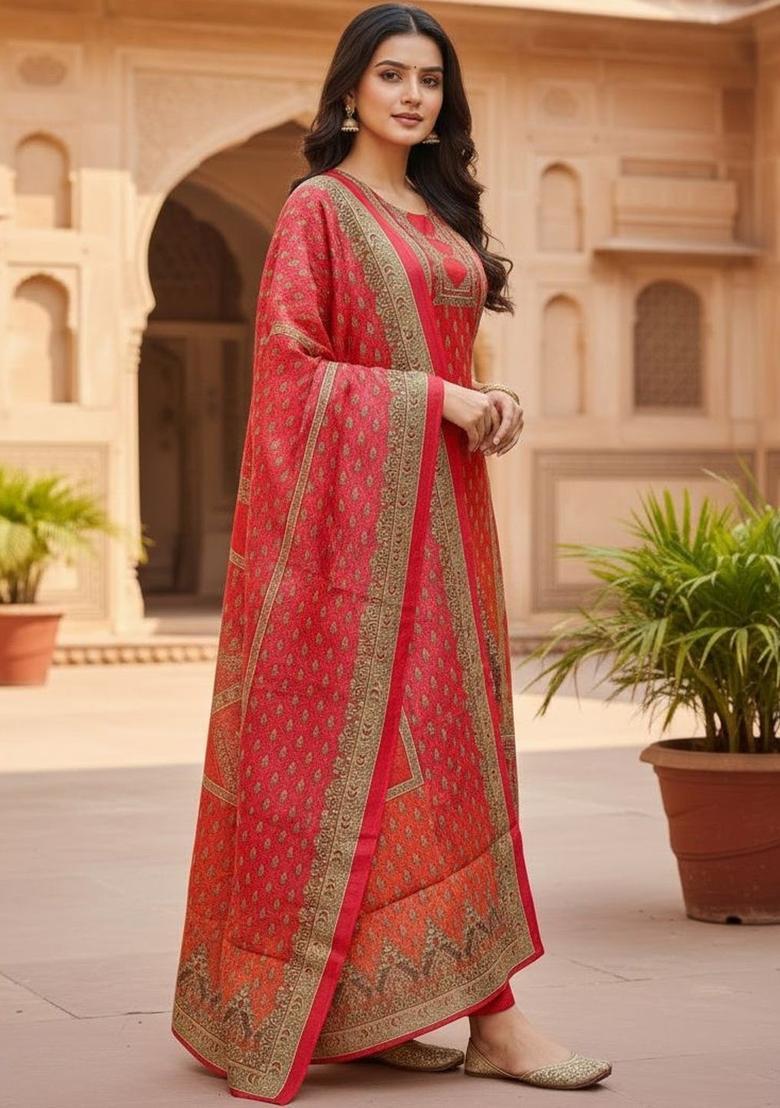 Pink Self Design Silk Kurta Set - Indya