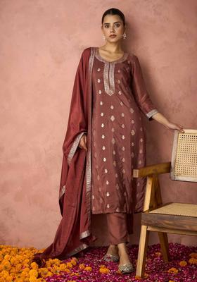 Pink Woven Design Silk Blend Kurta Set