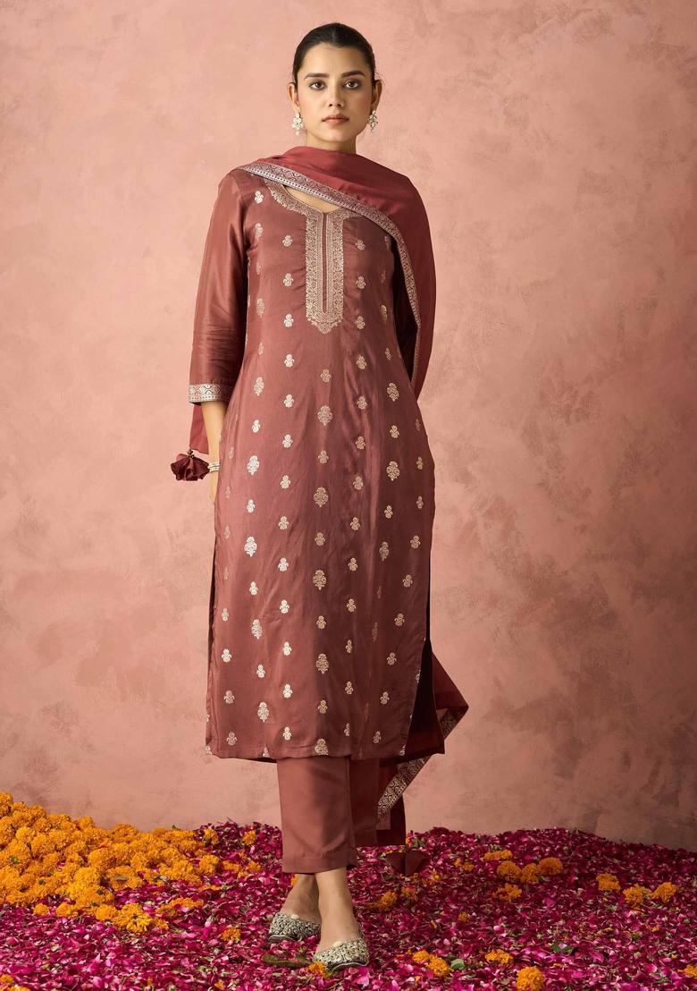Pink Woven Design Silk Kurta Set - Indya