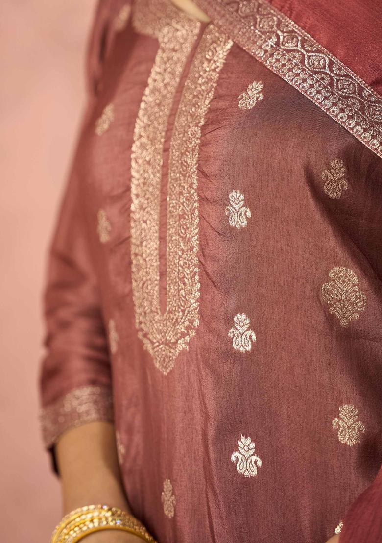 Pink Woven Design Silk Kurta Set - Indya