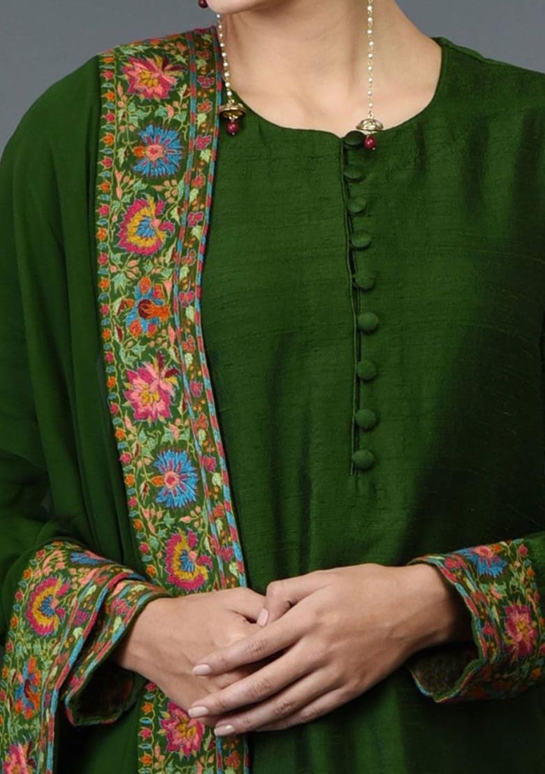 Green Solid Viscose Kurta Set - Indya