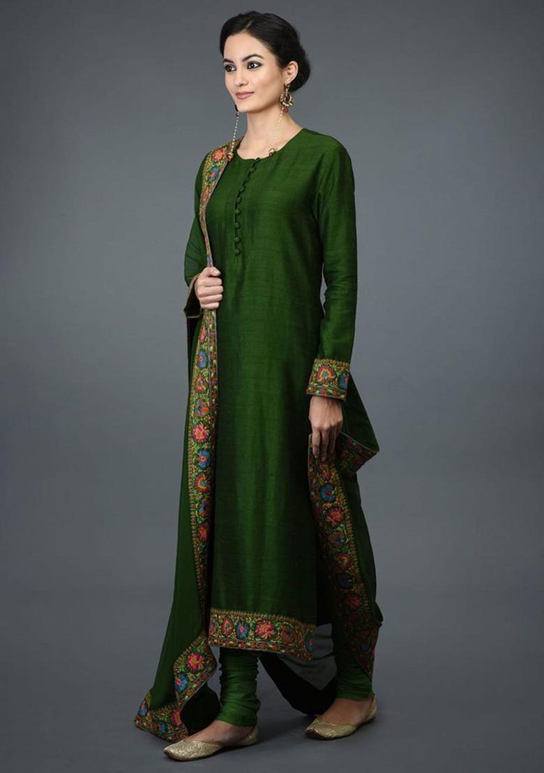 Green Solid Viscose Kurta Set - Indya