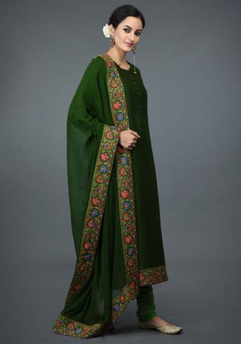 Green Solid Viscose Kurta Set — view on Indya