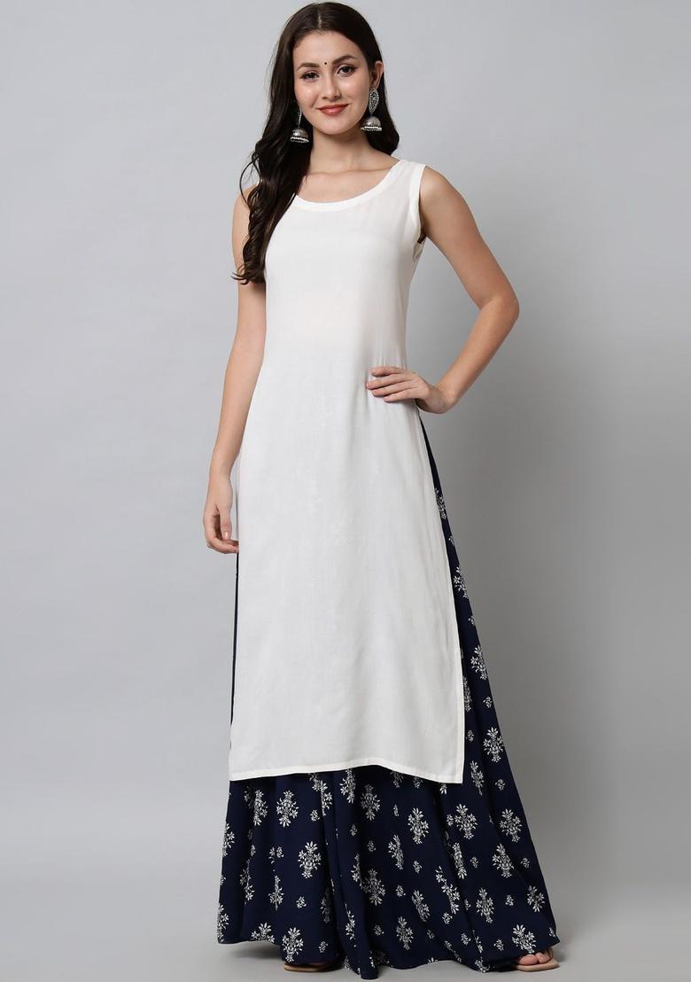 White Solid Viscose Kurta Set - Indya