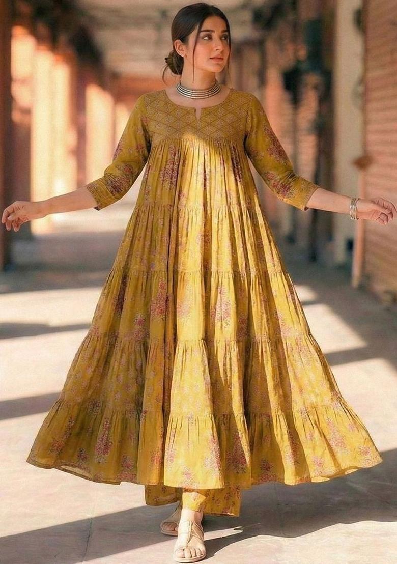 Yellow Printed Viscose Kurta Set - Indya