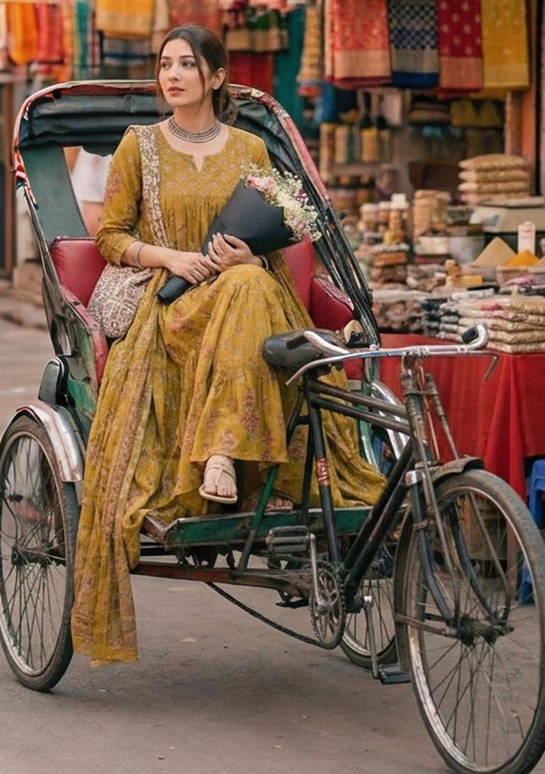 Yellow Printed Viscose Kurta Set - Indya