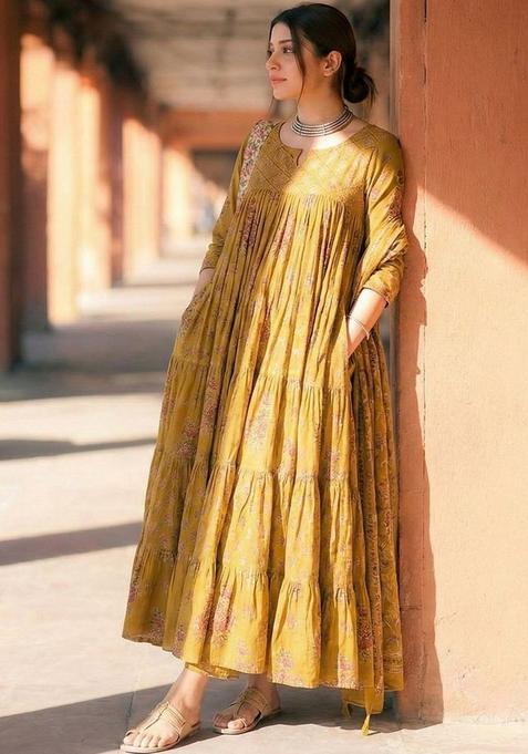 Yellow Printed Viscose Kurta Set — view on Indya