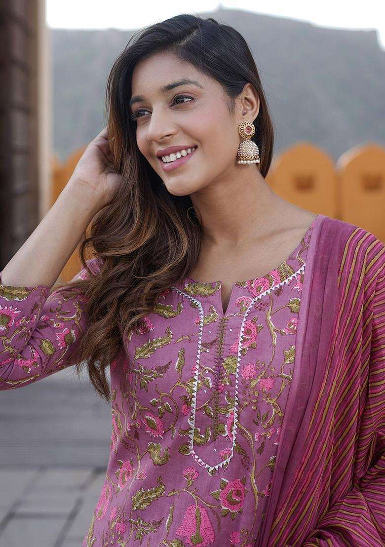 Purple Printed Cotton Kurta Set - Indya