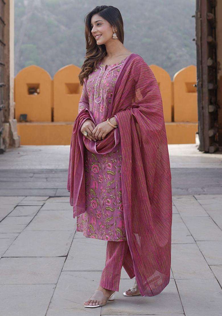 Purple Printed Cotton Kurta Set - Indya