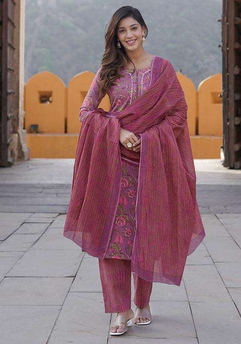 Purple Printed Cotton Kurta Set