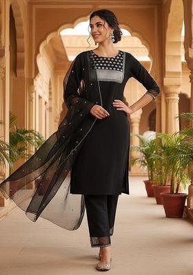 Black Yoke Design Silk Blend Kurta Set