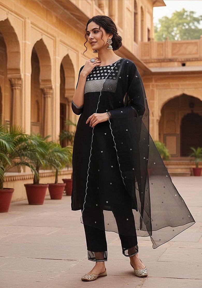 Black Yoke Design Silk Kurta Set - Indya