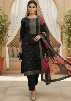 Black Embroidered Silk Kurta Set
