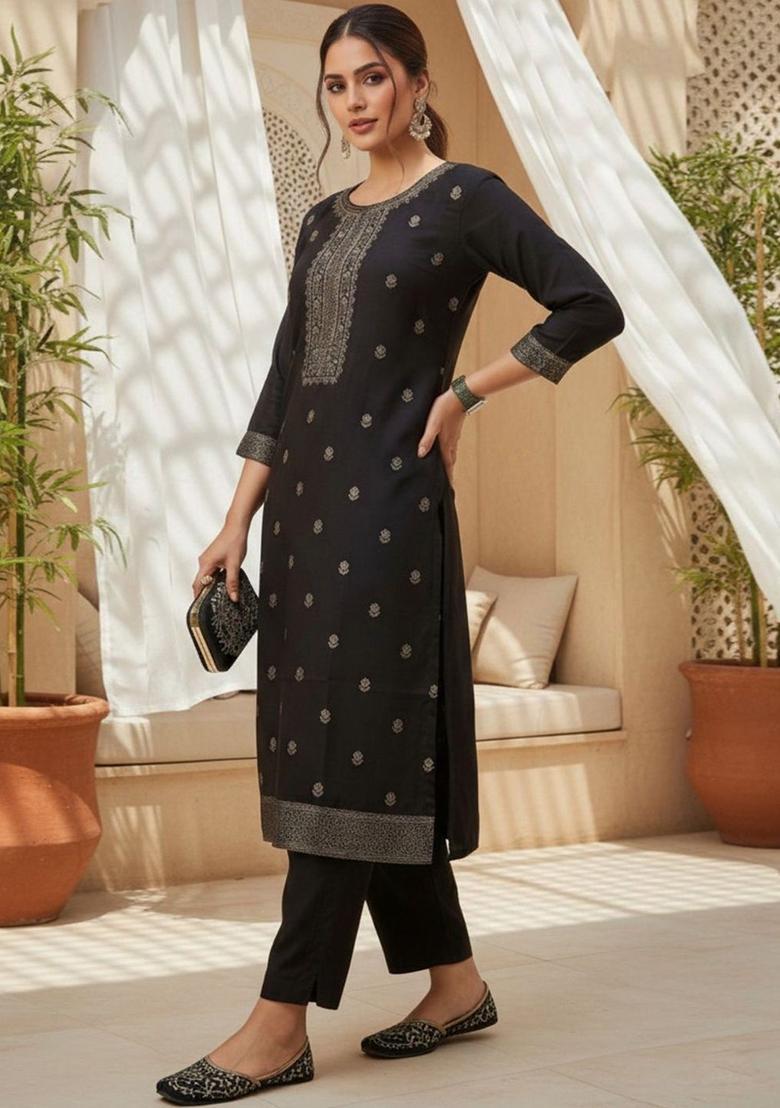 Black Embroidered Silk Kurta Set - Indya