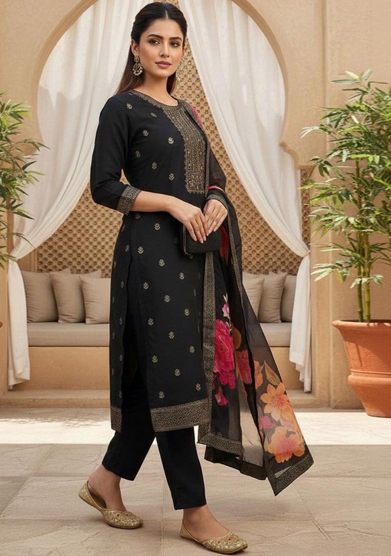 Black Embroidered Silk Kurta Set - Indya