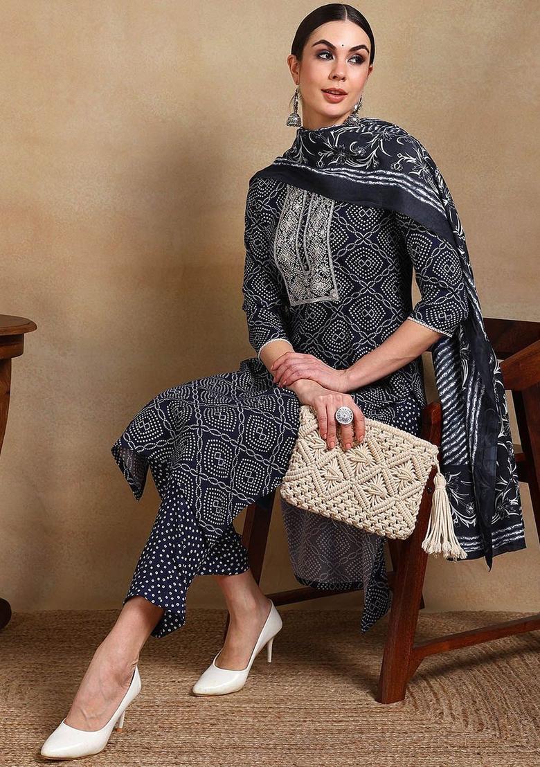 Blue Printed Viscose Kurta Set - Indya
