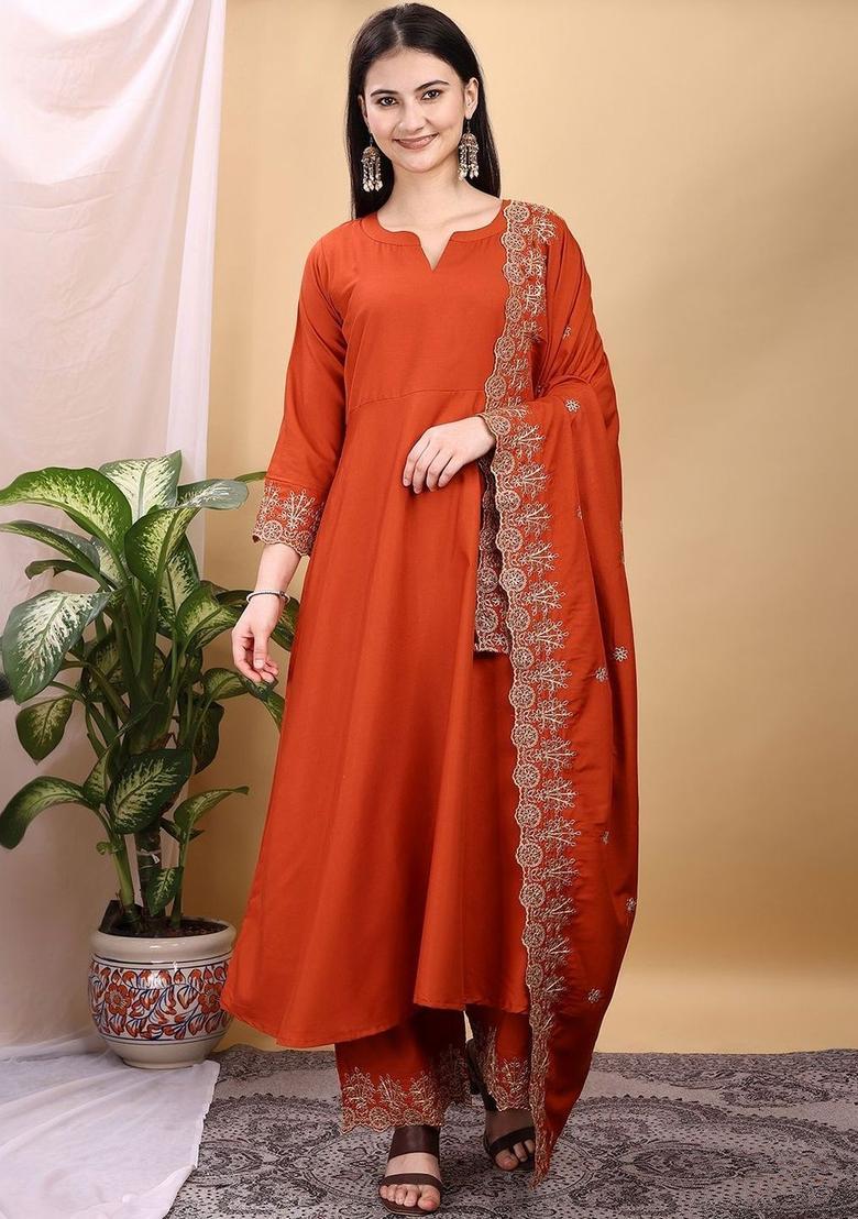 Orange Solid Viscose Kurta Set - Indya