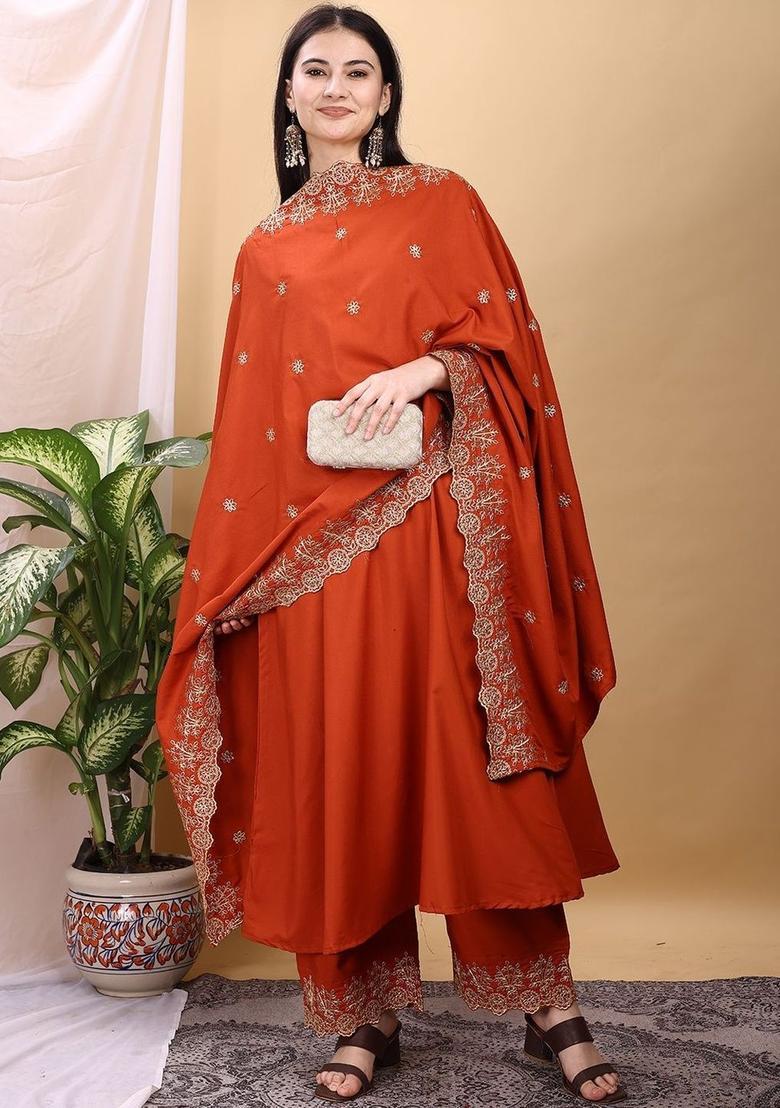 Orange Solid Viscose Kurta Set - Indya