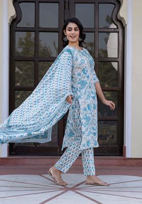 Blue Woven Design Cotton Kurta Set