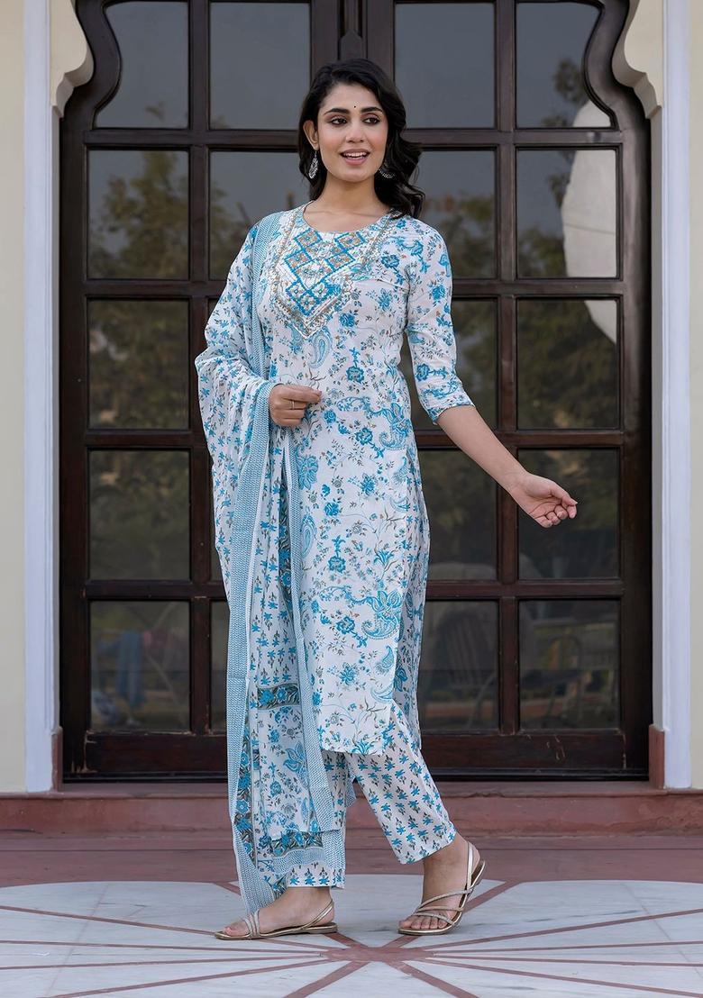 Blue Woven Design Cotton Kurta Set - Indya