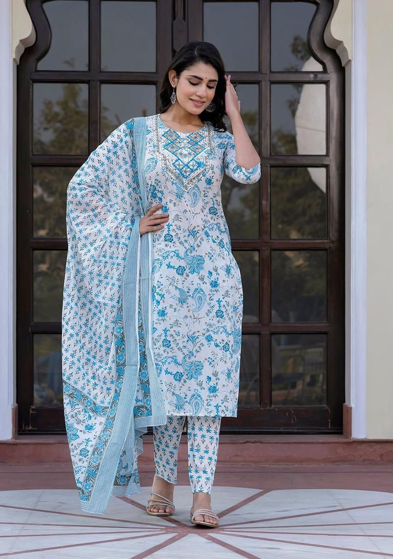 Blue Woven Design Cotton Kurta Set - Indya