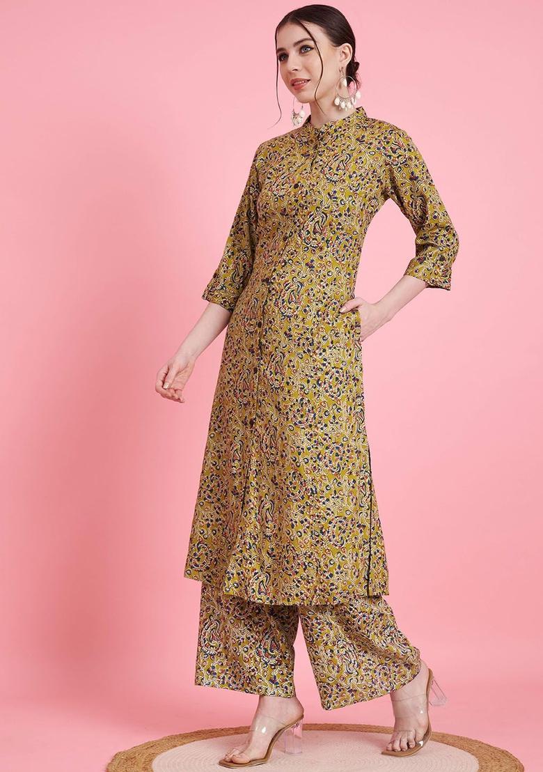 Green Printed Viscose Kurta Set - Indya