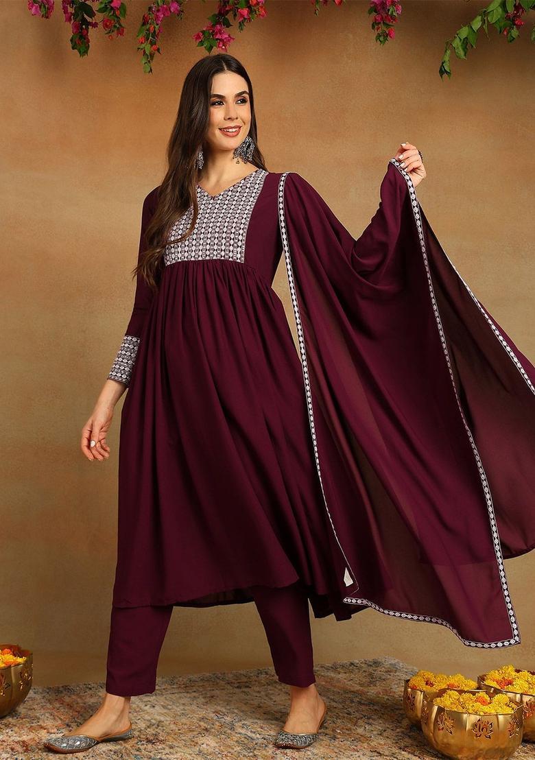 Purple Yoke Design Georgette Kurta Set - Indya
