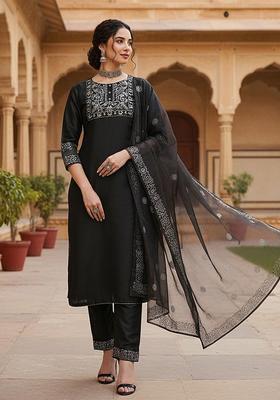 Black Embroidered Silk Blend Kurta Set