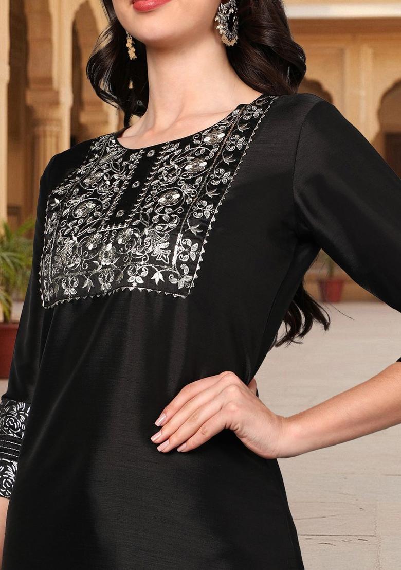 Black Embroidered Silk Kurta Set - Indya
