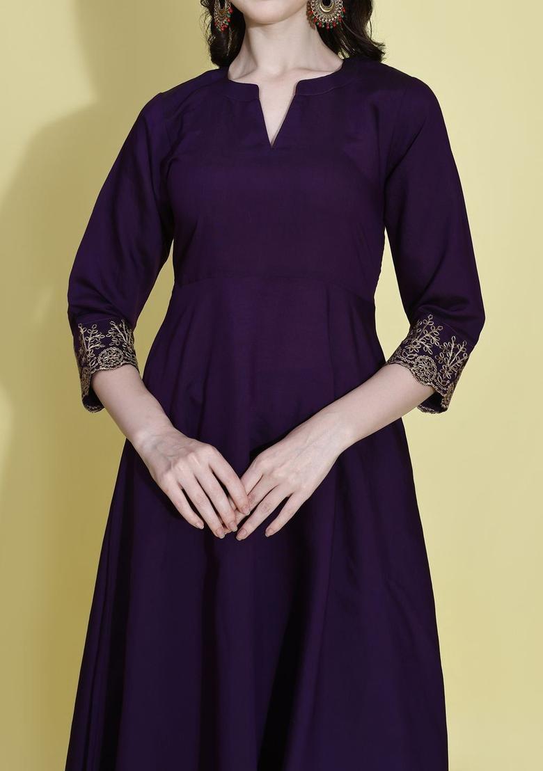 Purple Solid Silk Kurta Set - Indya