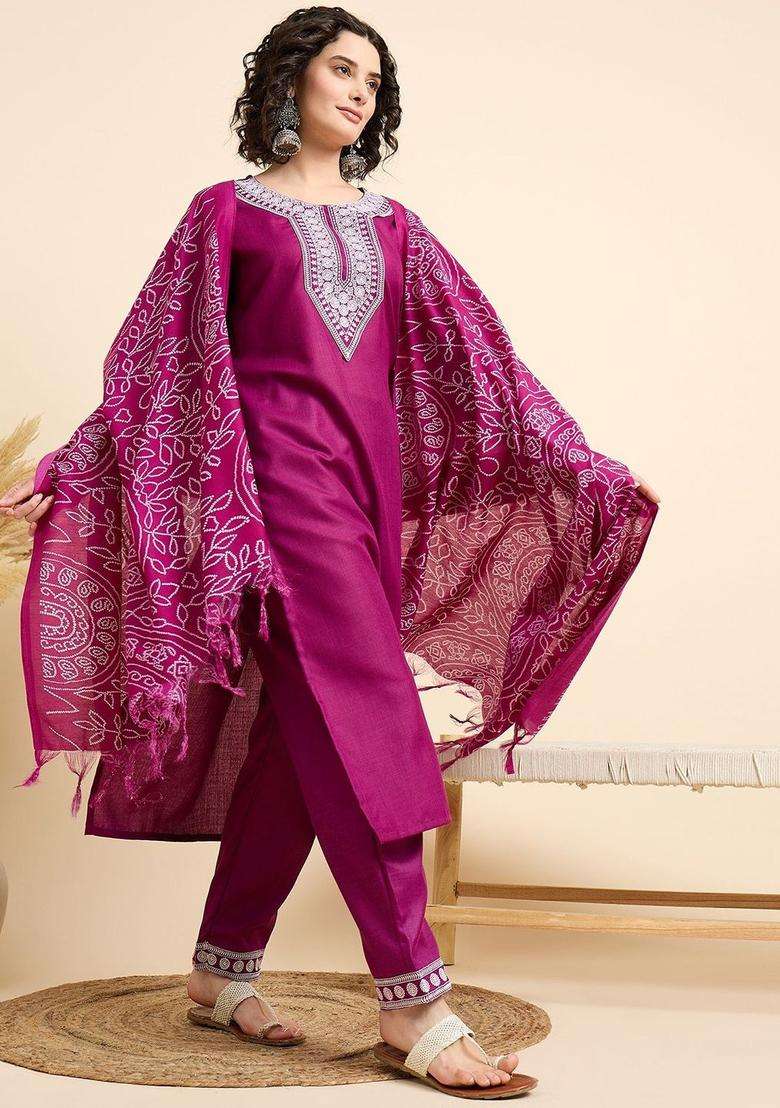 Pink Embroidered Silk Kurta Set - Indya