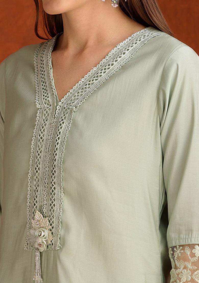 Green Self Design Cotton Kurta Set - Indya