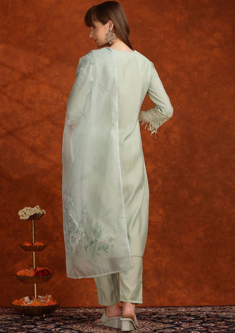 Green Self Design Cotton Kurta Set - Indya