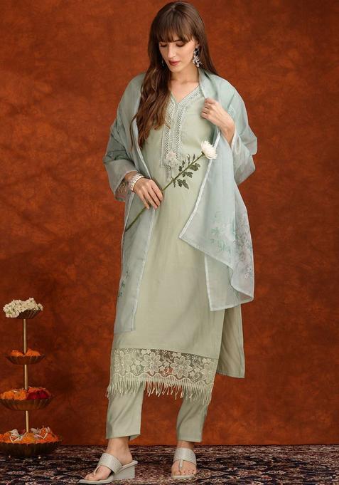 Green Self Design Cotton Kurta Set — view on Indya