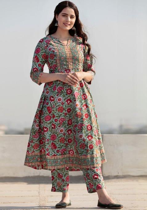 Green Viscose Kurta Set — view on Indya