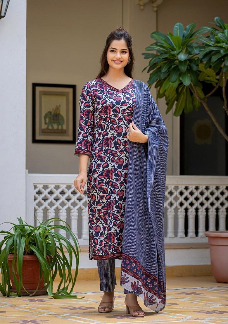 Grey Printed Viscose Kurta Set - Indya