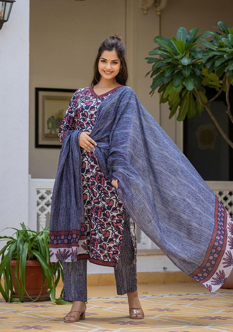 Grey Printed Viscose Kurta Set - Indya