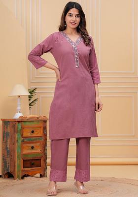 Purple Solid Cotton Kurta Set