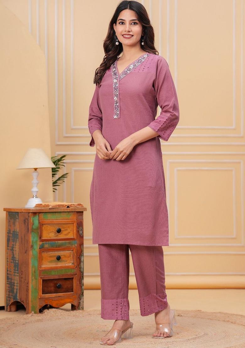 Purple Solid Cotton Kurta Set - Indya