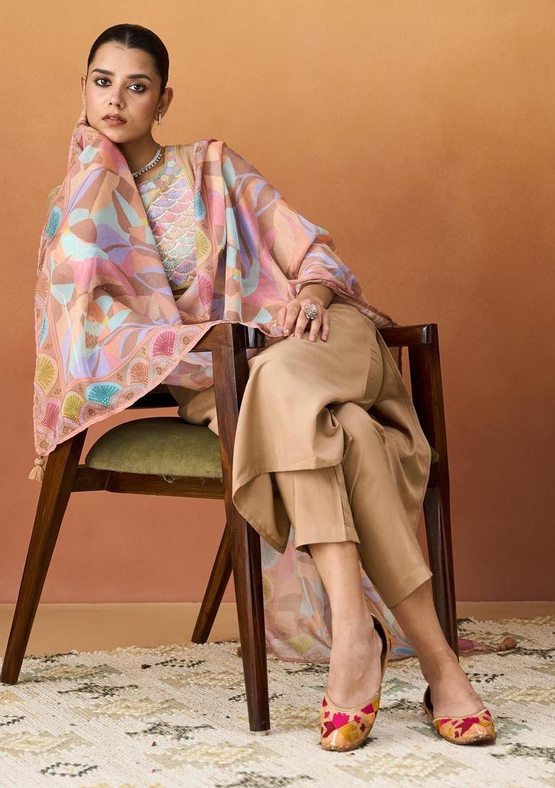 Beige Embroidered Cotton Kurta Set - Indya