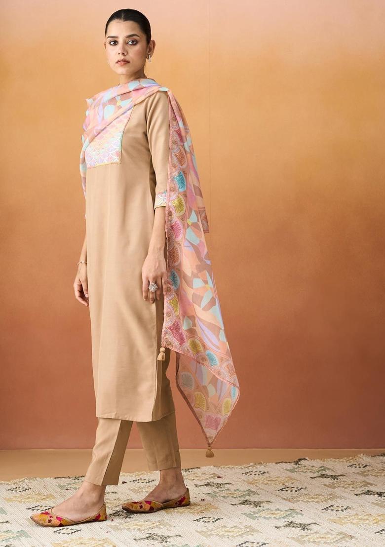 Beige Embroidered Cotton Kurta Set - Indya